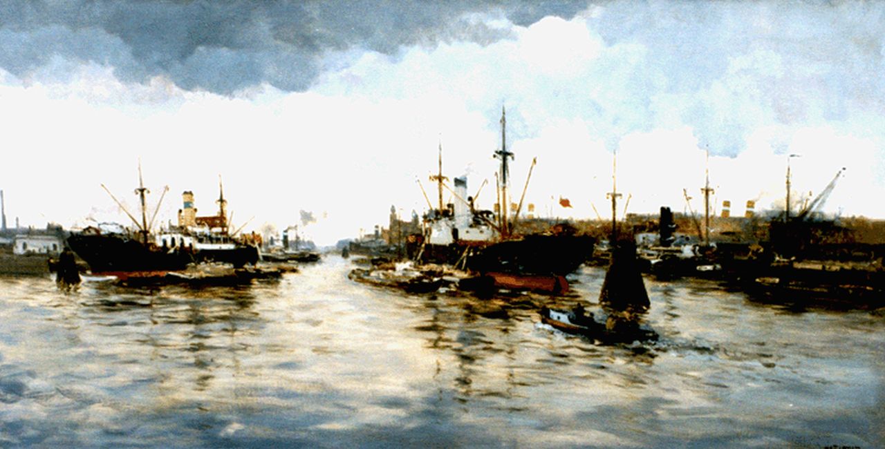Jansen W.G.F.  | 'Willem' George Frederik Jansen, Gezicht op de haven van Rotterdam, olieverf op doek 80,0 x 155,5 cm, gesigneerd rechtsonder