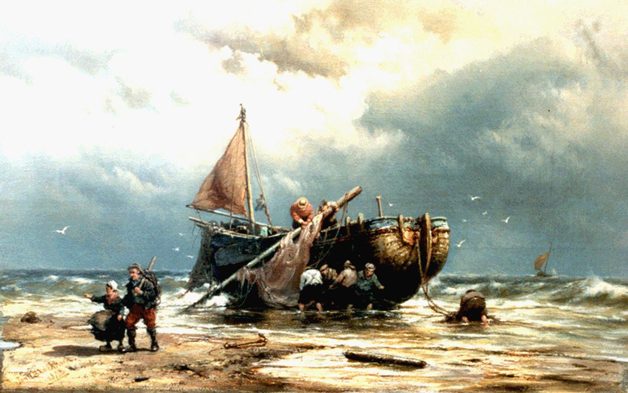 Koekkoek J.H.B.  | Johannes Hermanus Barend 'Jan H.B.' Koekkoek, Bomschuit op het strand, olieverf op doek 33,1 x 51,6 cm, gesigneerd linksonder en gedateerd 1875