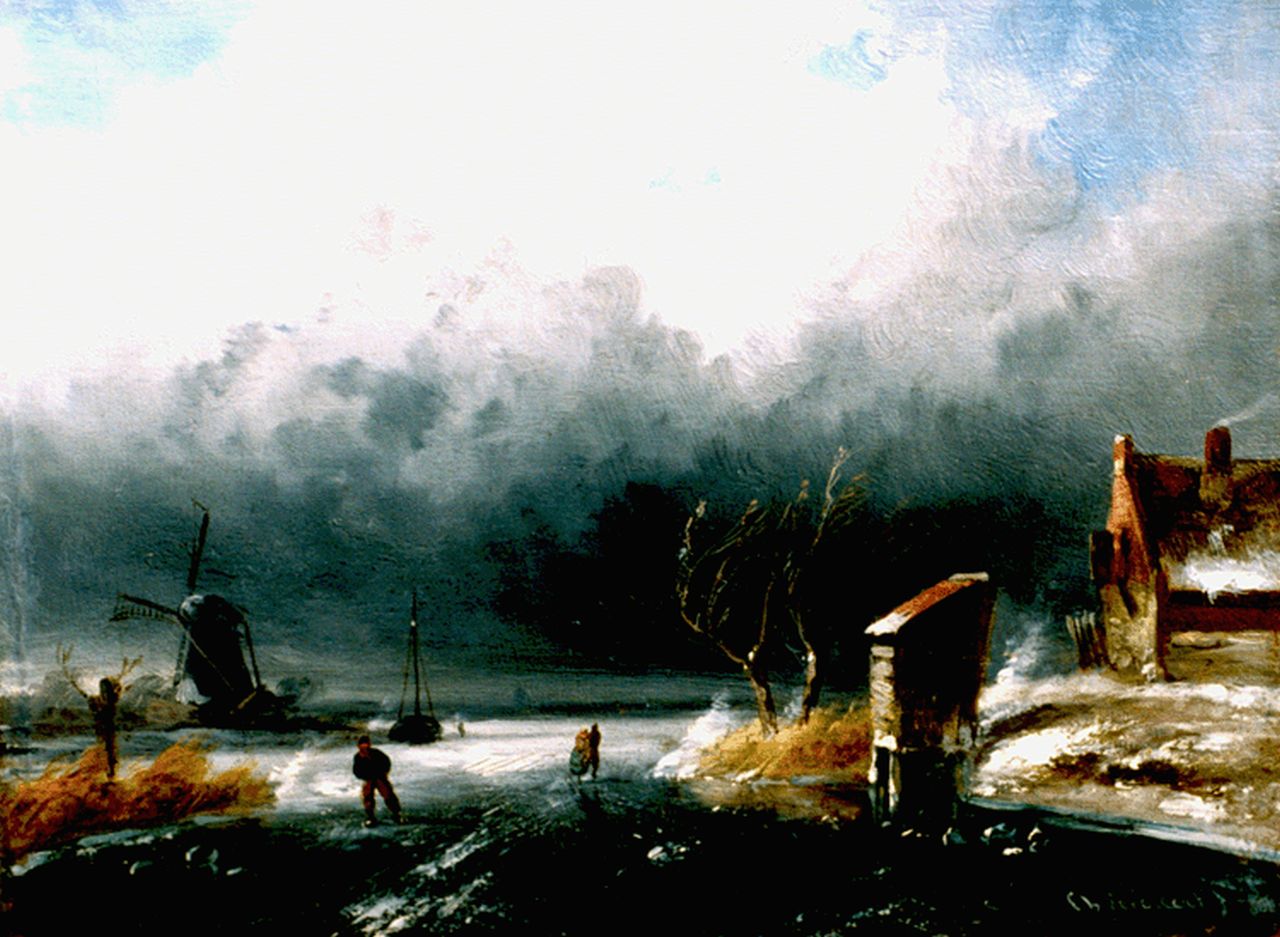 Leickert C.H.J.  | 'Charles' Henri Joseph Leickert, Schaatsers op een bevroren plas, olieverf op paneel 13,3 x 17,9 cm, gesigneerd rechtsonder