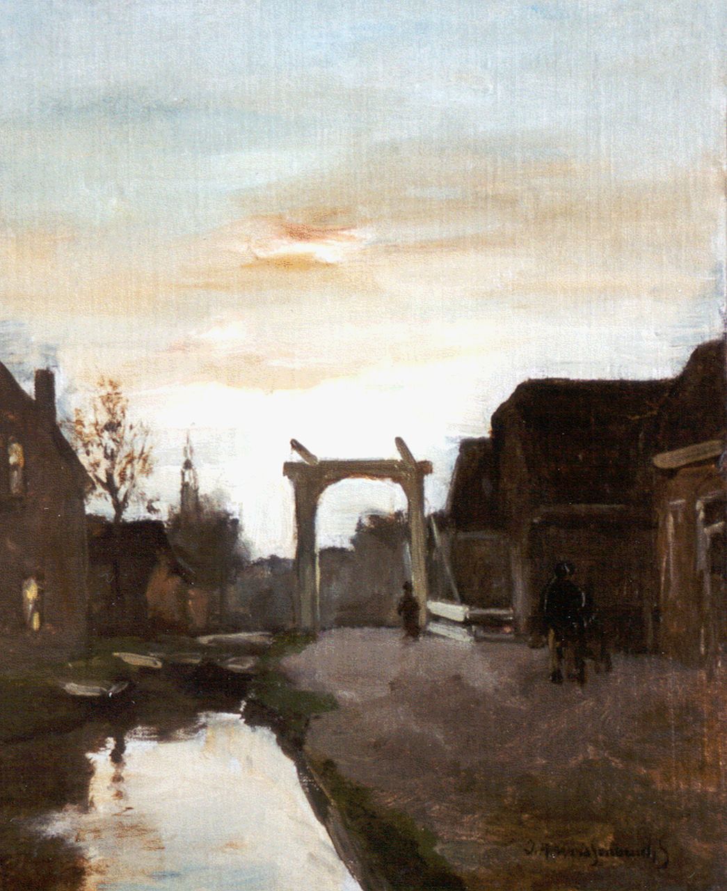Weissenbruch H.J.  | Hendrik Johannes 'J.H.' Weissenbruch, Ophaalbrug in Nieuwkoop, olieverf op doek op paneel 32,8 x 26,8 cm, gesigneerd rechtsonder