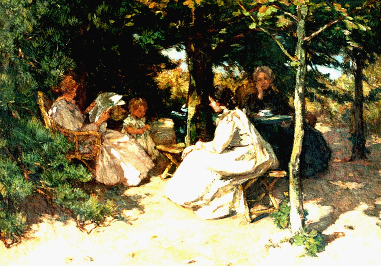 Akkeringa J.E.H.  | 'Johannes Evert' Hendrik Akkeringa, Thee drinken in de tuin, olieverf op doek 31,5 x 42,2 cm, gesigneerd linksonder