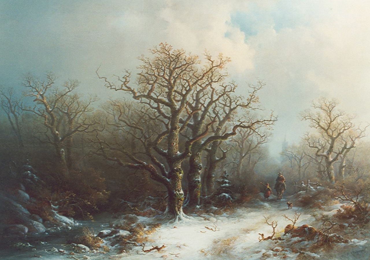 Kluyver P.L.F.  | 'Pieter' Lodewijk Francisco Kluyver, Reizigers in een winters landschap, olieverf op paneel 61,2 x 84,4 cm, gesigneerd rechtsonder