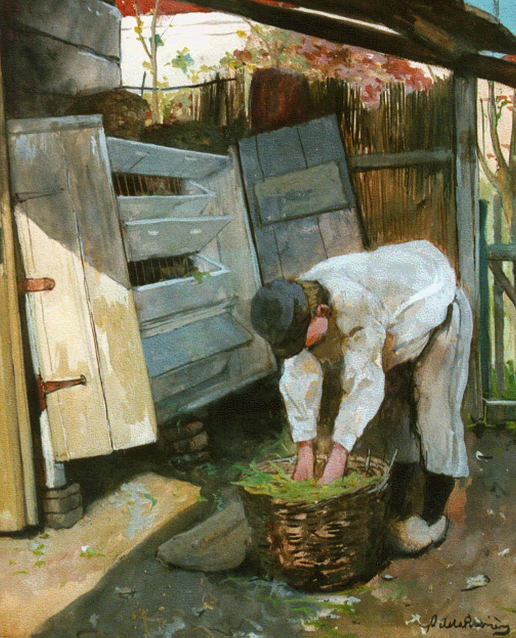 Rivière A.P. de la | Adrianus Philippus 'Adriaan' de la Rivière, Boertje voert de konijnen, aquarel op papier 37,3 x 30,4 cm, gesigneerd rechtsonder