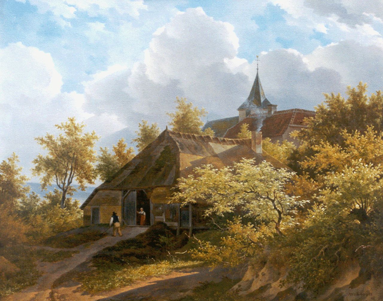 Koogh A. van der | Adrianus van der Koogh, Boerenhuis in boomrijk landschap, olieverf op paneel 43,0 x 53,0 cm, gesigneerd rechtsonder