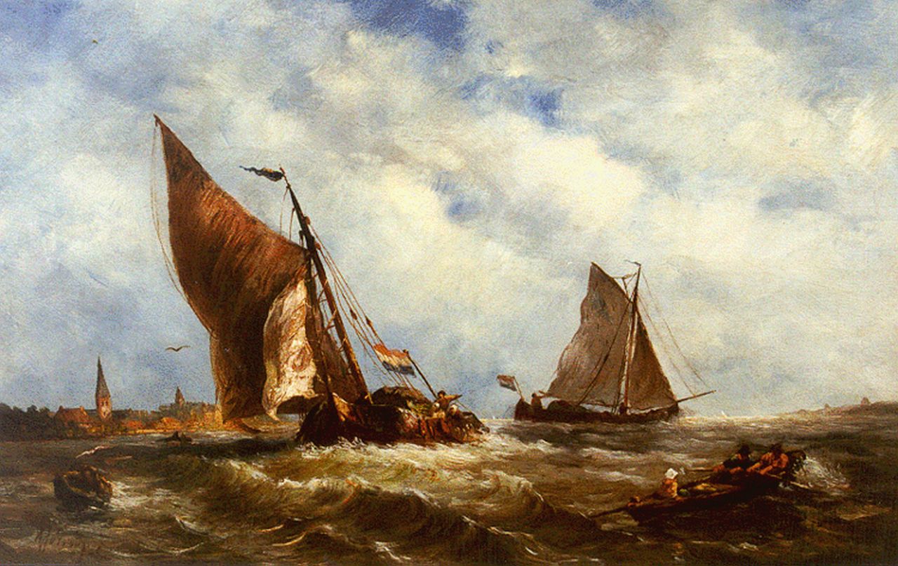 Prooijen A.J. van | Albert Jurardus van Prooijen, Zeilschepen in een stevige bries, olieverf op paneel 23,6 x 37,1 cm, gesigneerd linksonder