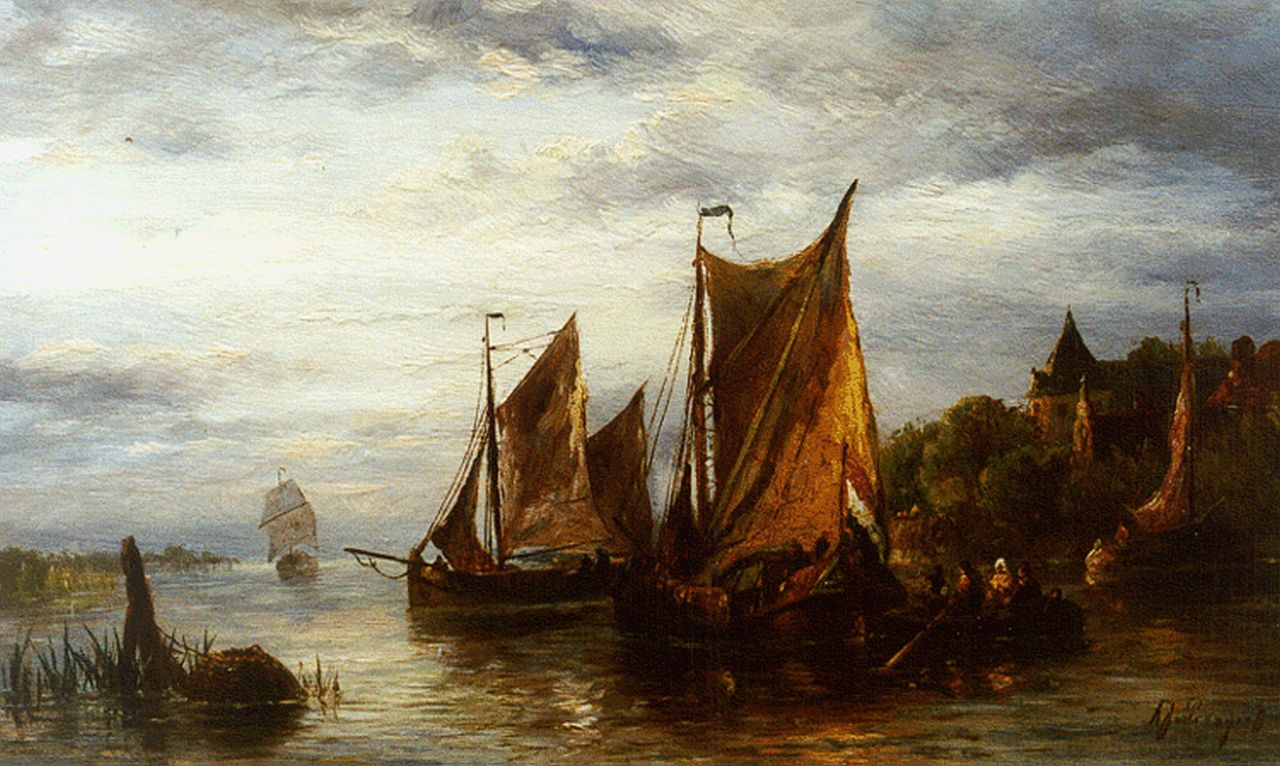 Prooijen A.J. van | Albert Jurardus van Prooijen, Zeilschepen in een havenmond, olieverf op paneel 21,2 x 35,1 cm, gesigneerd rechtsonder