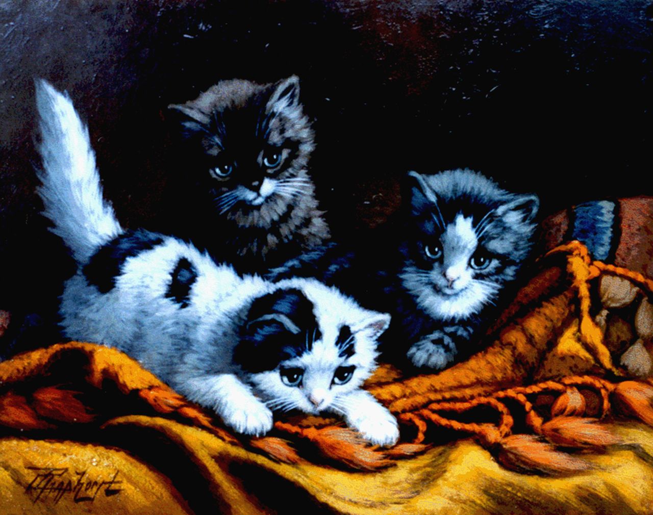 Raaphorst C.  | Cornelis Raaphorst, Drie poesjes op een Turks kussen, olieverf op doek op paneel 24,3 x 31,5 cm, gesigneerd linksonder