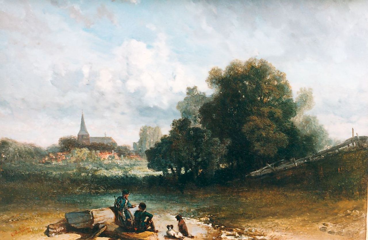 Rochussen Ch.  | Charles Rochussen, Rustende jagers aan de oever van de rivier, olieverf op paneel 23,8 x 35,5 cm, gesigneerd linksonder en gedateerd '40