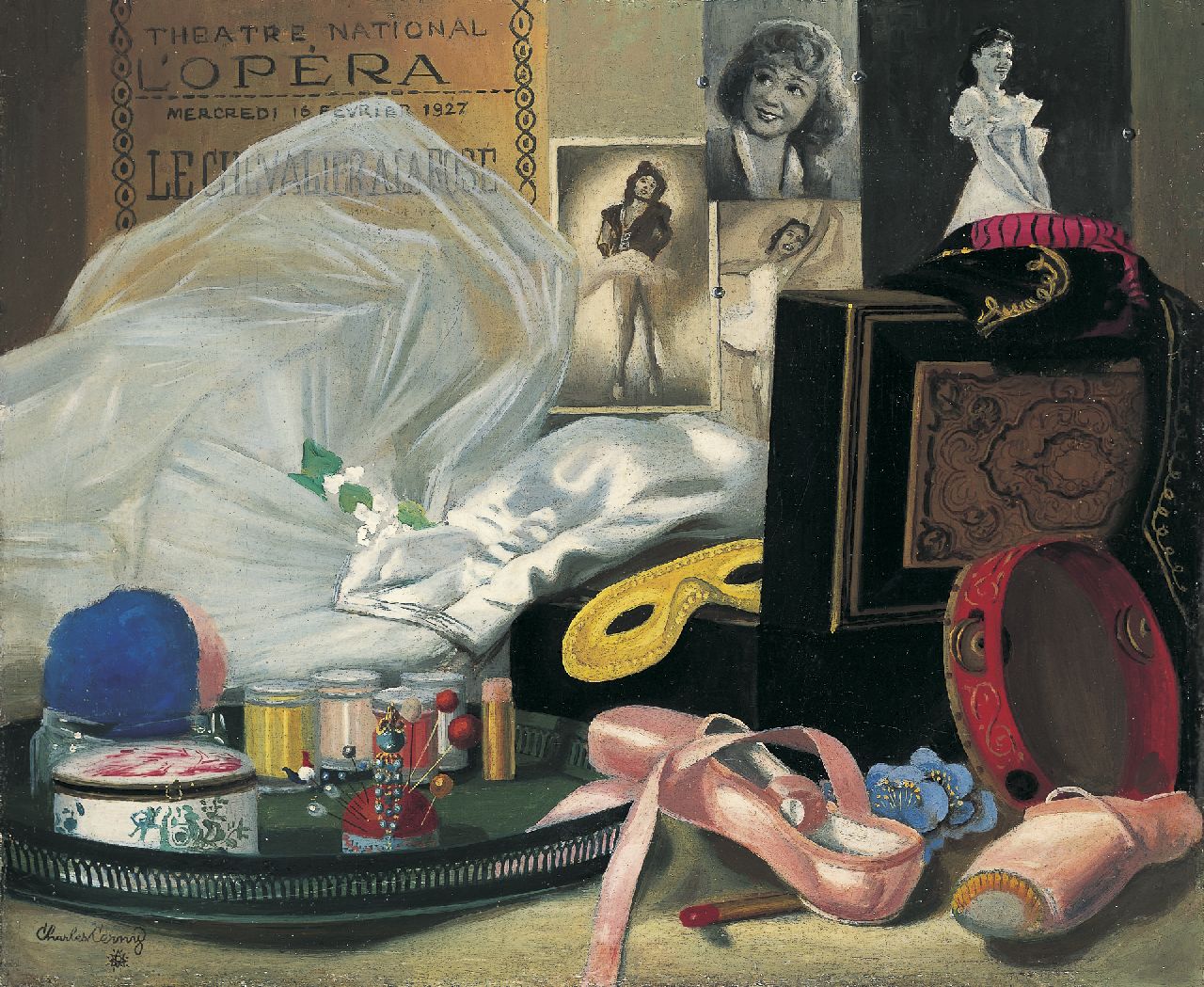 Cerny C.  | Charles Cerny, Theaterstilleven, olieverf op doek op paneel 35,4 x 42,3 cm, gesigneerd linksonder