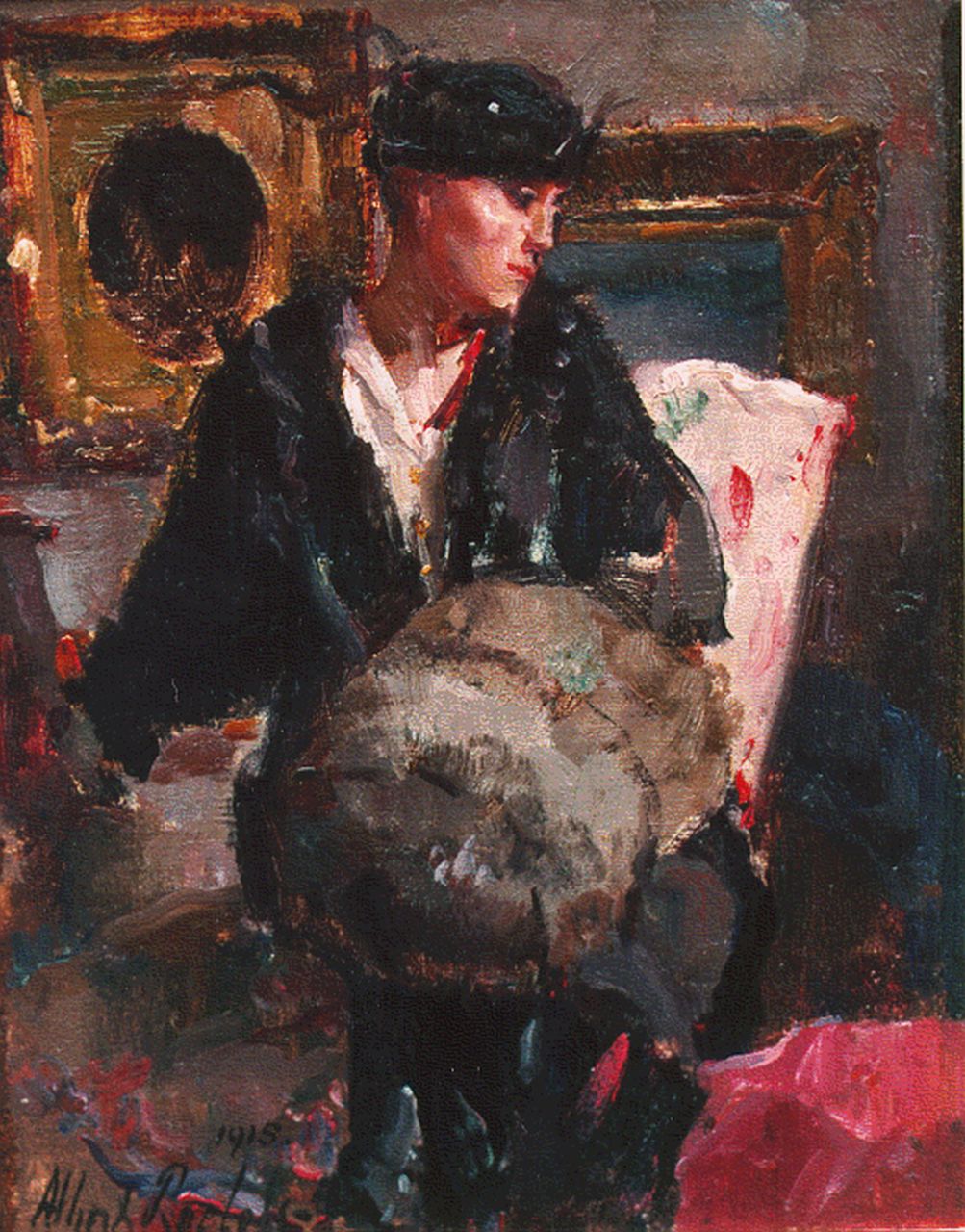 Roelofs O.W.A.  | Otto Willem Albertus 'Albert' Roelofs, Dame met mof, olieverf op doek op board 23,9 x 19,0 cm, gesigneerd linksonder en gedateerd 1915