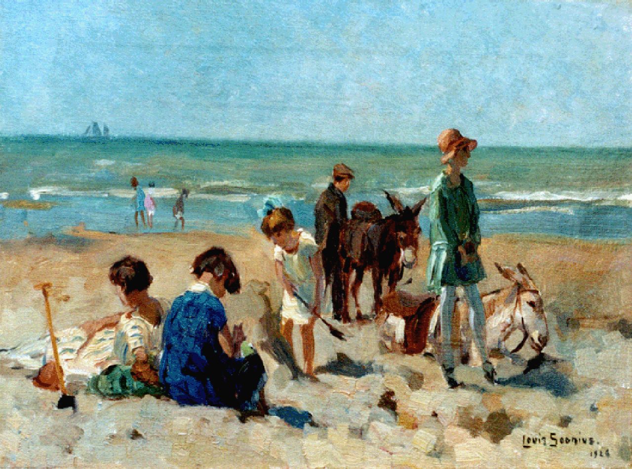 Soonius L.  | Lodewijk 'Louis' Soonius, Kinderen en ezeltjes op het strand, olieverf op doek 30,0 x 40,1 cm, gesigneerd rechtsonder en gedateerd 1926