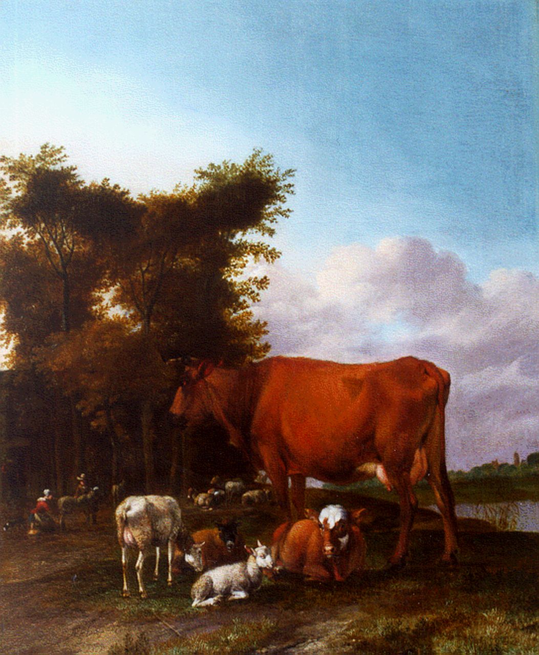 Janz Klomp A.  | Albert Janz Klomp, Herders met rustend vee aan het water, olieverf op paneel 42,7 x 35,5 cm, gesigneerd linksonder en gedateerd 1662