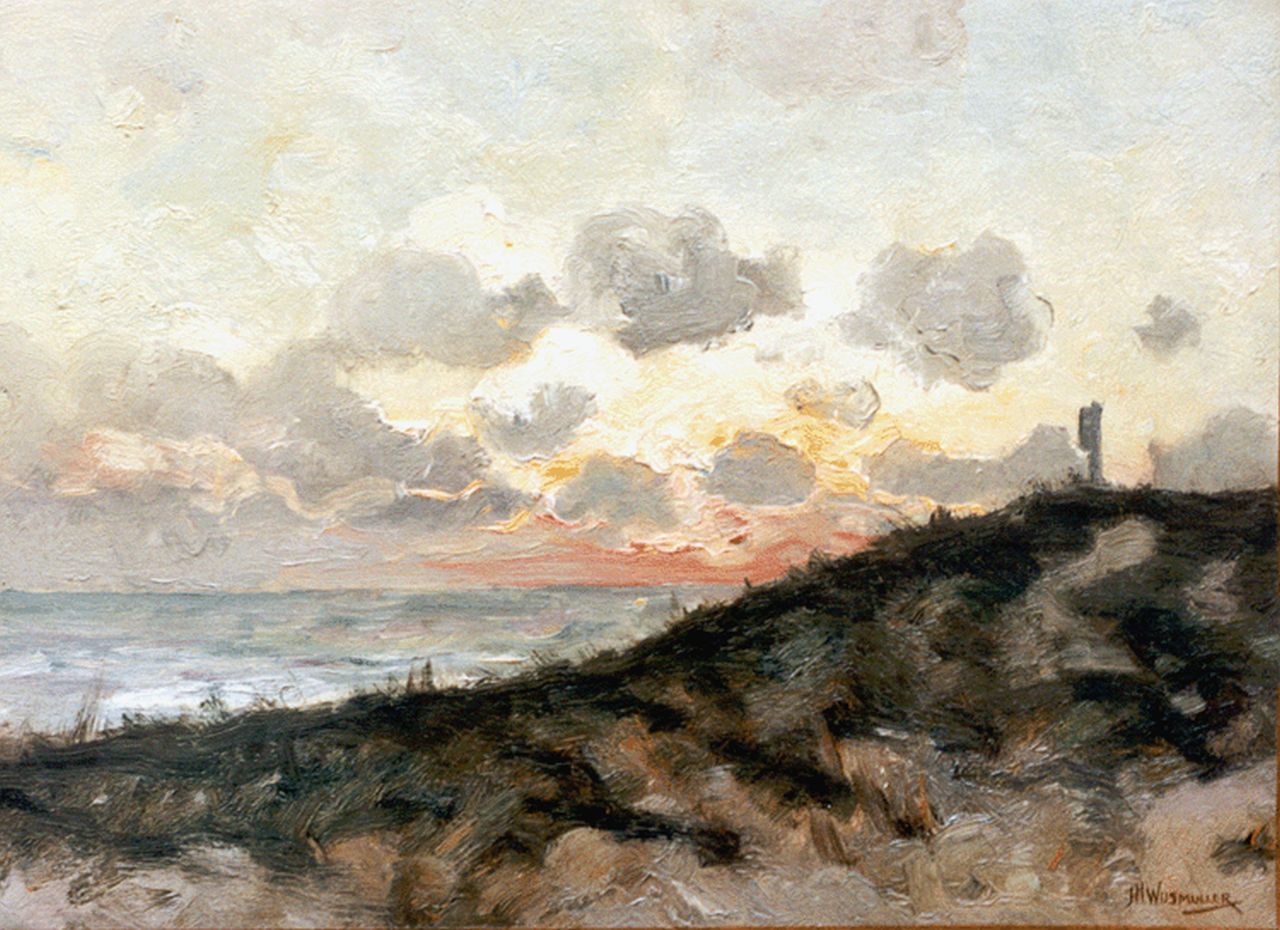 Wijsmuller J.H.  | Jan Hillebrand Wijsmuller, Zee en duinen bij ondergaande zon, olieverf op doek 39,0 x 53,0 cm, gesigneerd rechtsonder