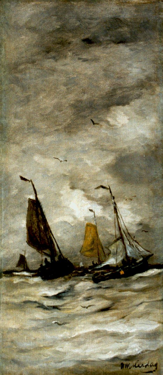 Mesdag H.W.  | Hendrik Willem Mesdag, Vissersschepen op volle zee, olieverf op doek 66,3 x 29,1 cm, gesigneerd rechtsonder