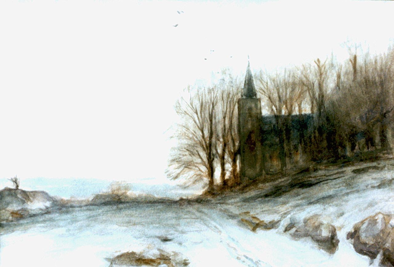 Apol L.F.H.  | Lodewijk Franciscus Hendrik 'Louis' Apol, Kerk in een winterlandschap, aquarel op papier 24,0 x 34,5 cm, gesigneerd linksonder