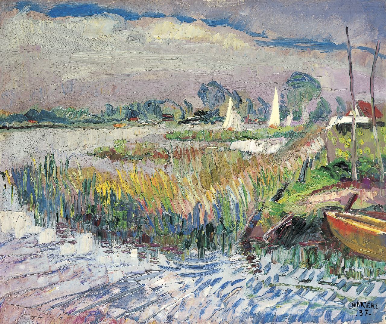 Martens G.G.  | Gijsbert 'George' Martens, Zeilboten op het Paterswoldsemeer (Grouw vlgs. dhr. R.Martens), olieverf op doek 50,5 x 60,3 cm, gesigneerd rechtsonder en gedateerd '37