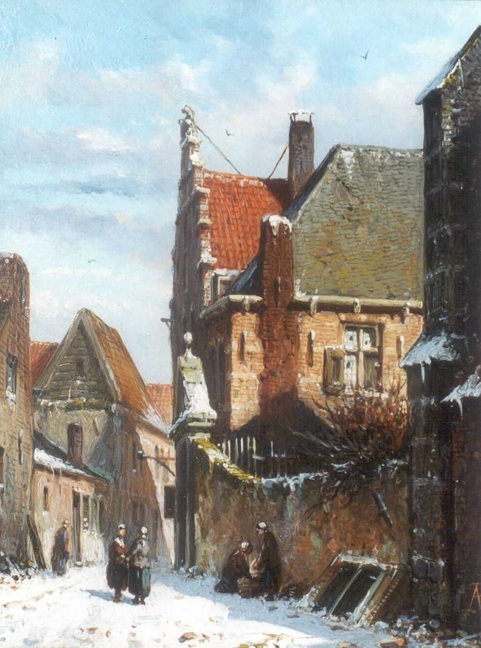 Eversen A.  | Adrianus Eversen, Oud-Hollands straatje op een zonnige winterdag pendant van inv.nr. 7313, olieverf op paneel 19,1 x 14,7 cm, gesigneerd rechtsonder met monogram