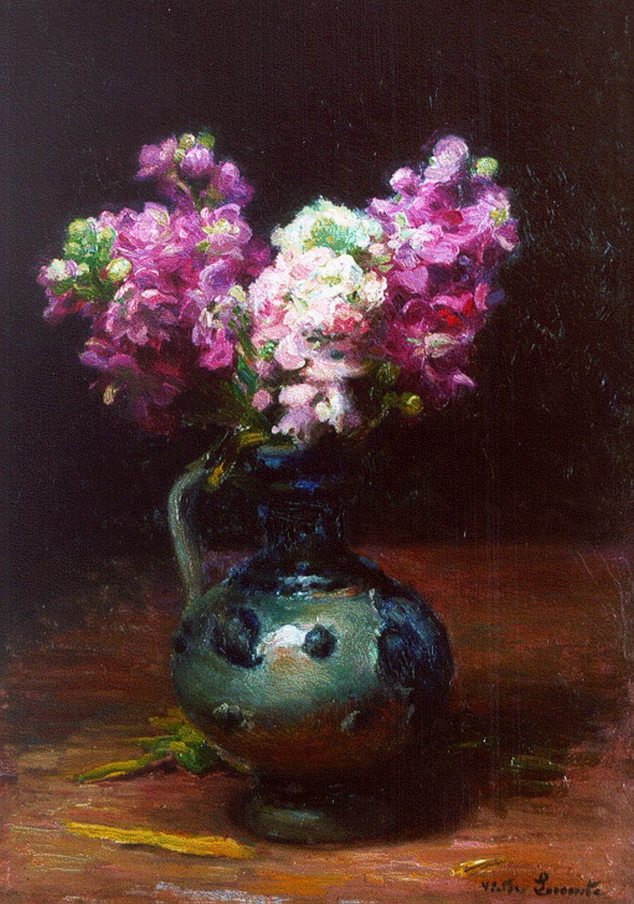 Lecomte V.  | Victor Lecomte, Stilleven met roze muurbloemen, olieverf op paneel 34,0 x 24,8 cm, gesigneerd rechtsonder en verso gedateerd 1912