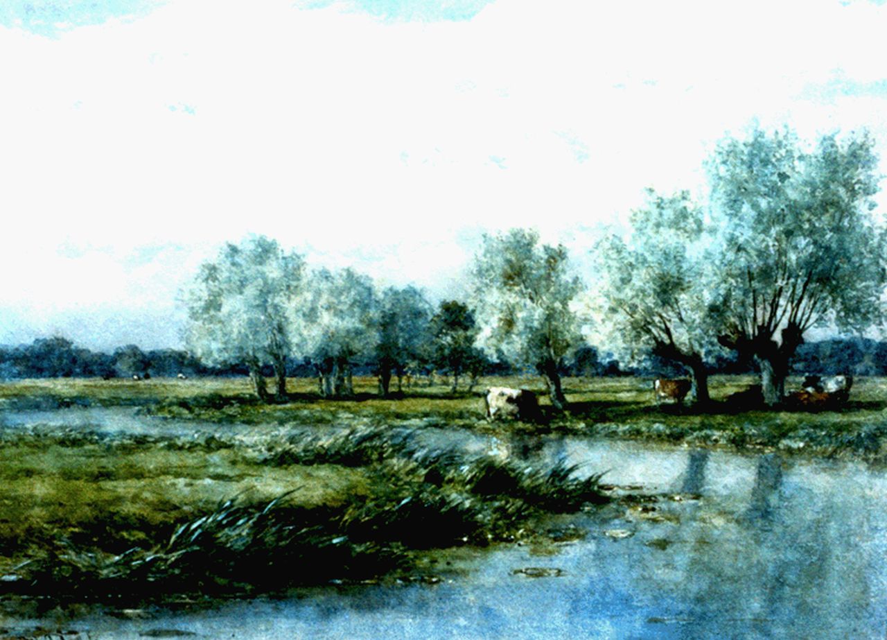 Roelofs W.  | Willem Roelofs, Polderlandschap met koeien, aquarel op papier 36,3 x 49,7 cm, gesigneerd linksonder