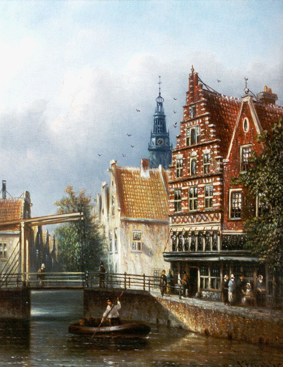 Spohler J.F.  | Johannes Franciscus Spohler, Amsterdams stadsgezicht met de toren van de Oude Kerk, olieverf op paneel 20,3 x 15,8 cm, gesigneerd rechtsonder