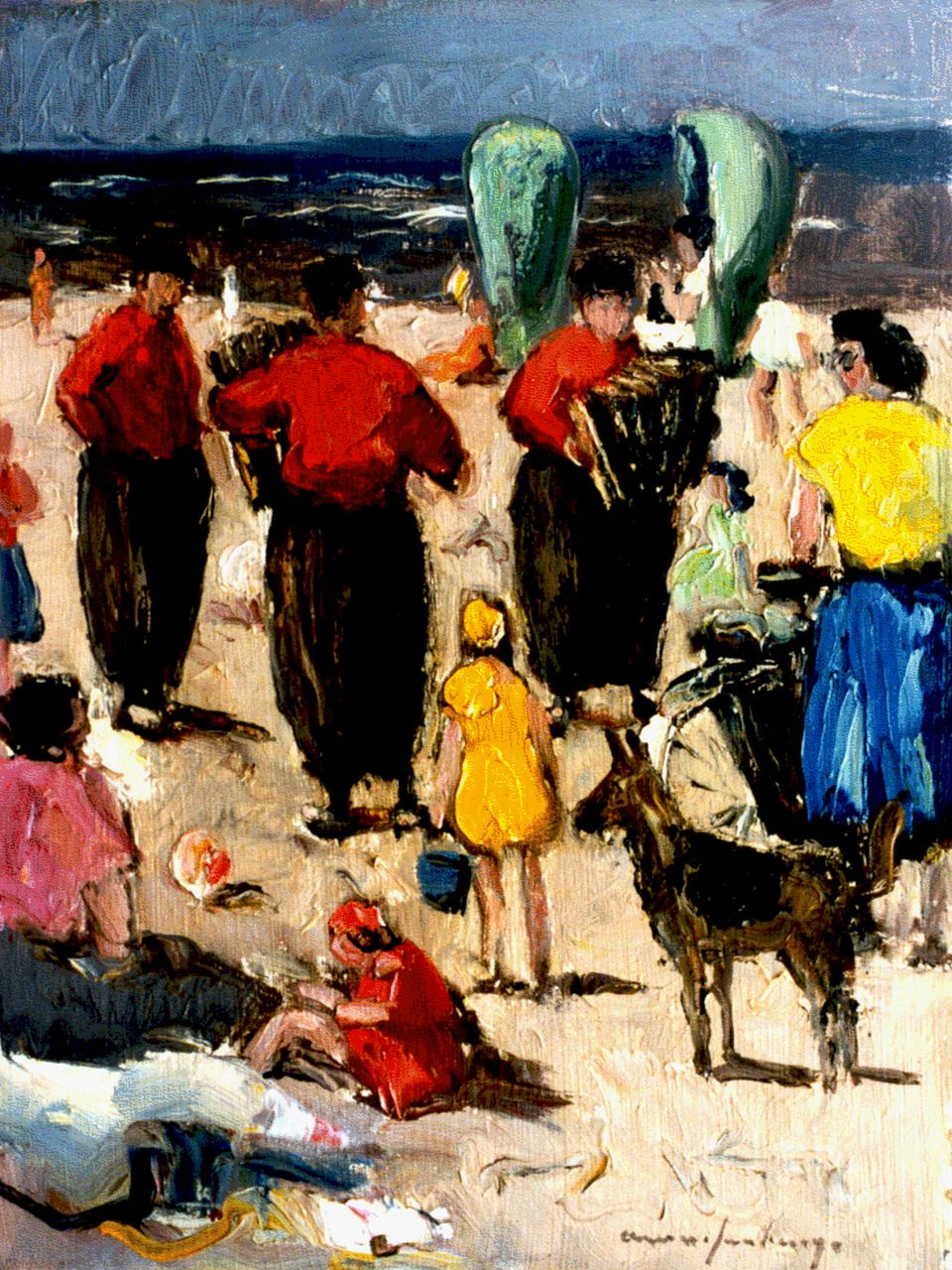 Wassenburg A.  | Arie Wassenburg, Volendams accordeonorkestje op het Scheveningse strand, 24,0 x 18,0 cm, gesigneerd rechtsonder