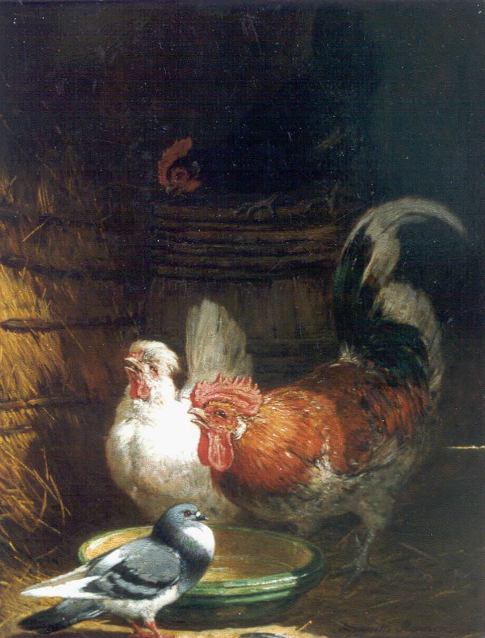 Ronner-Knip H.  | Henriette Ronner-Knip, Kippen en duif bij een drinkbak, olieverf op paneel 40,1 x 31,4 cm, gesigneerd rechtsonder