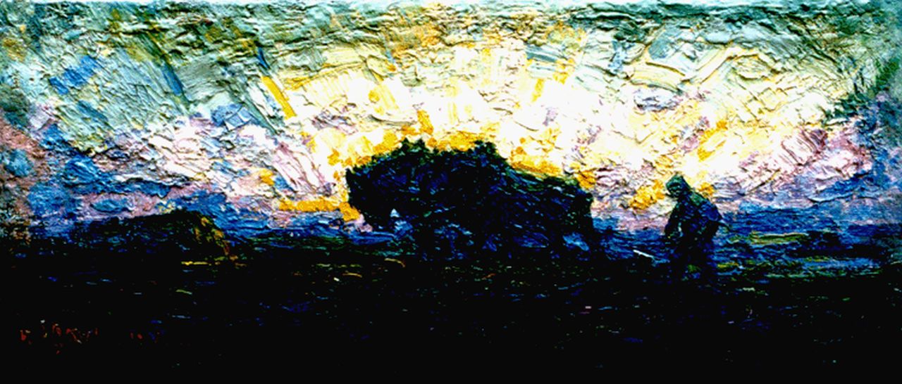 Gouwe A.H.  | Adriaan Herman Gouwe, Ploeger bij zonsondergang, olieverf op doek 14,0 x 32,3 cm, gesigneerd linksonder en gedateerd 1917
