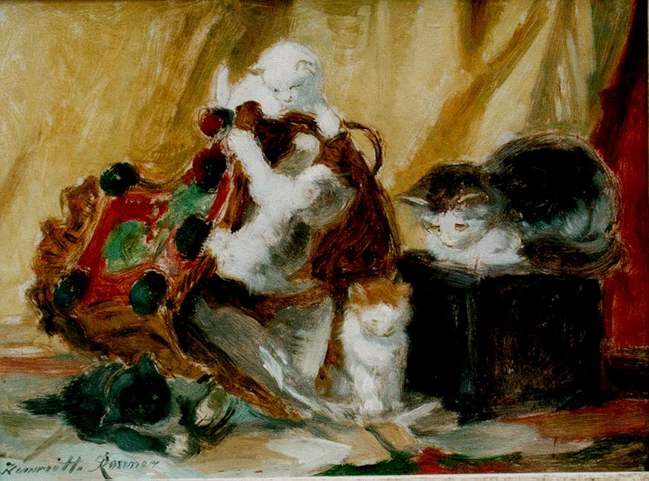 Ronner-Knip H.  | Henriette Ronner-Knip, Moederpoes en haar vier spelende jongen, 25,5 x 34,5 cm, gesigneerd linksonder
