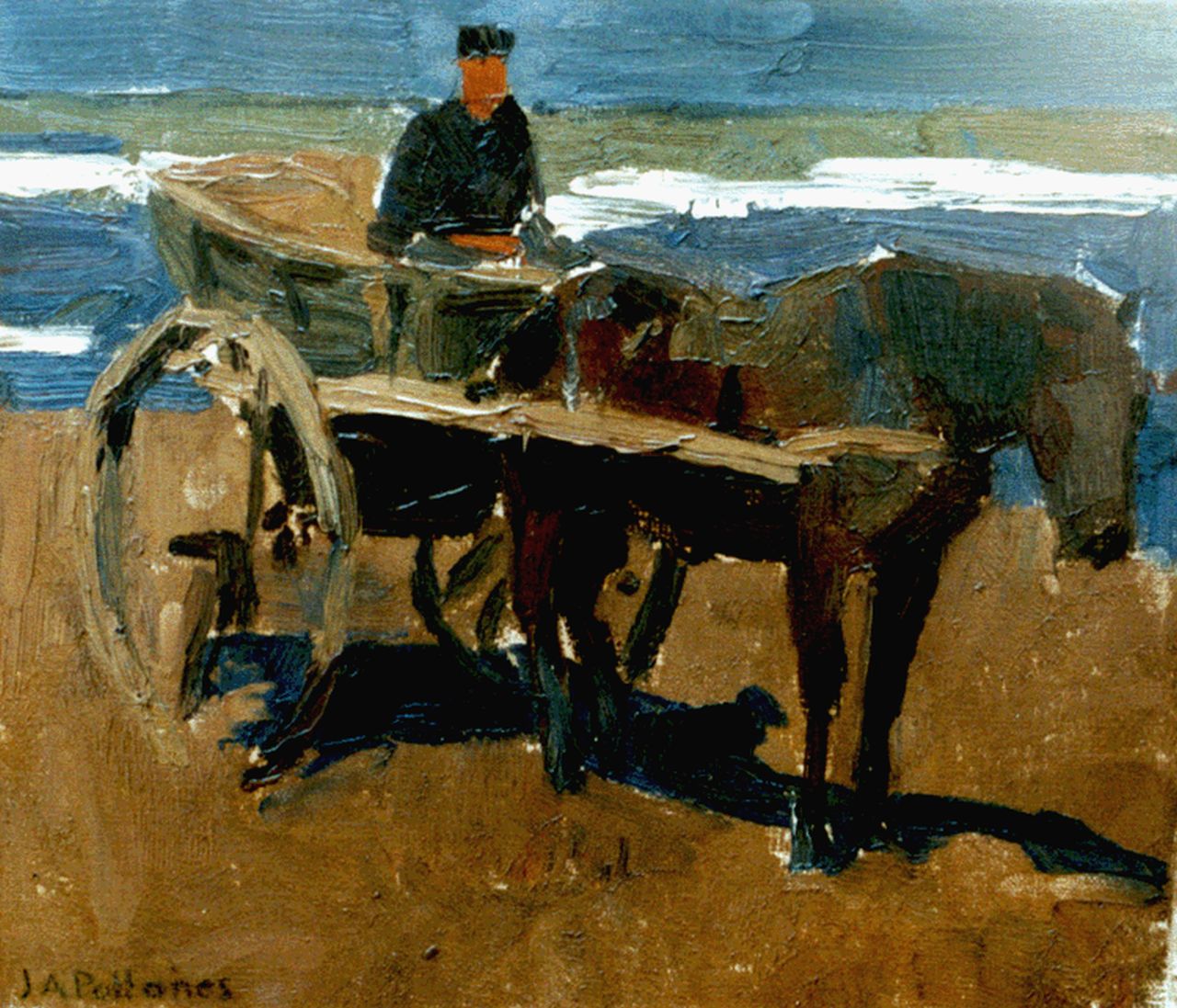 Pollones J.A.  | Jean Albert Pollones, Strandgezicht met paard en wagen, olieverf op doek 27,4 x 31,4 cm, gesigneerd linksonder