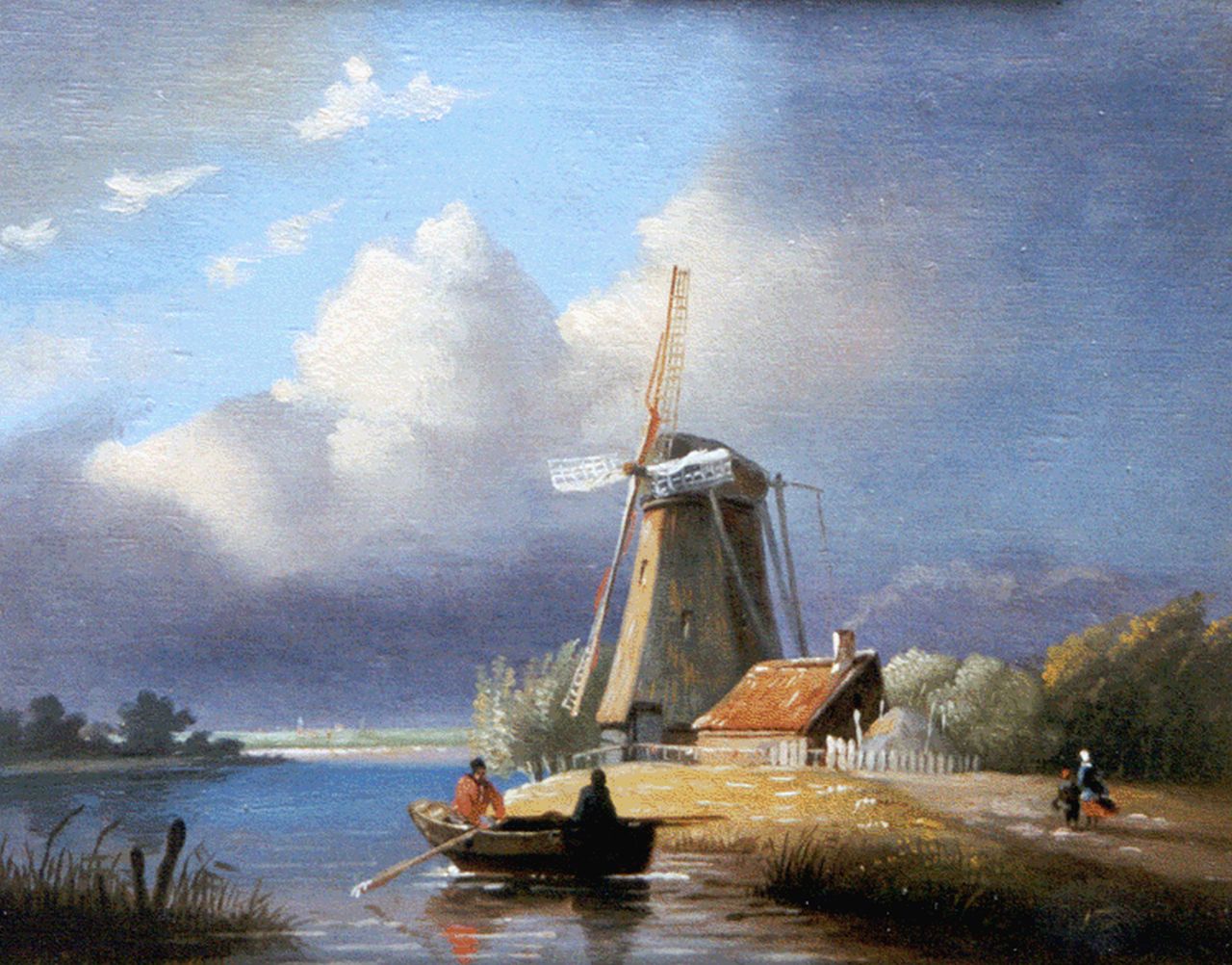 Immerzeel C.  | Christiaan Immerzeel, Hollands landschap met roeiers bij een molen, olieverf op paneel 20,7 x 24,8 cm, gesigneerd linksonder