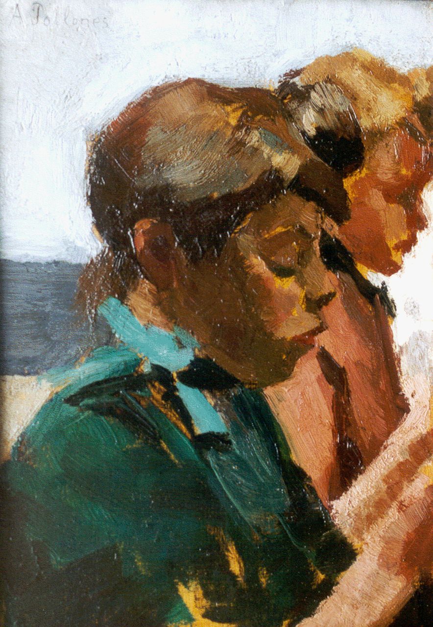 Pollones J.A.  | Jean Albert Pollones, Dubbelportret van 2 jonge sigarenmaaksters, olieverf op paneel 21,8 x 15,6 cm, gesigneerd linksboven