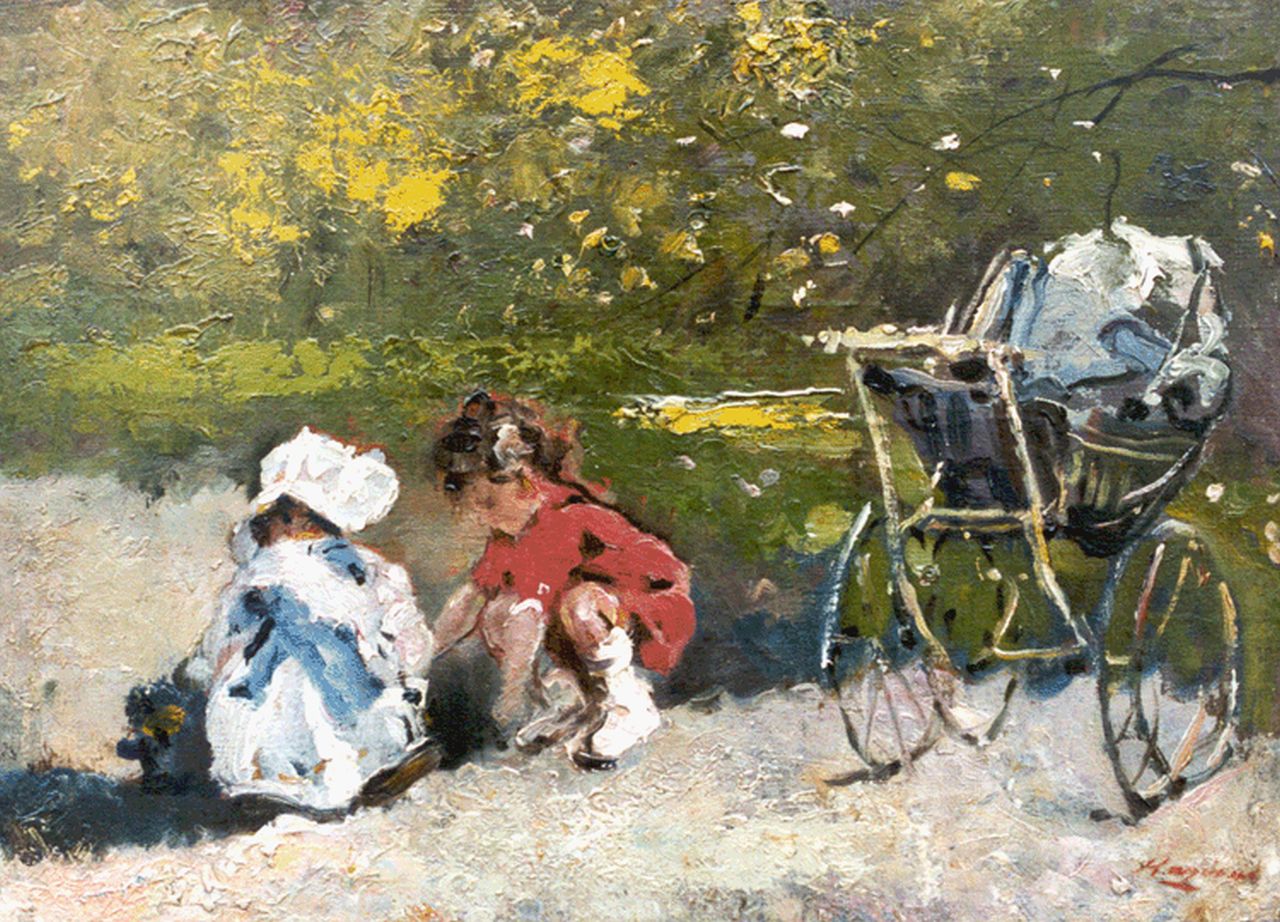 Ragione R.  | Raffaele Ragione, Spelende kinderen met kinderwagen in een park, olieverf op doek 29,0 x 39,7 cm, gesigneerd rechtsonder