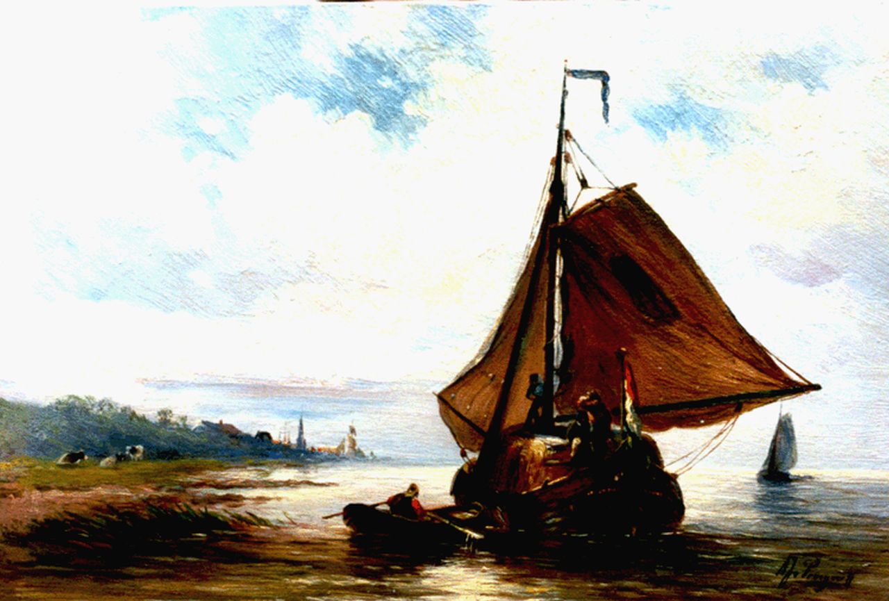 Prooijen A.J. van | Albert Jurardus van Prooijen, Hooischuit op kalme zee, olieverf op paneel 19,1 x 28,3 cm, gesigneerd rechtsonder