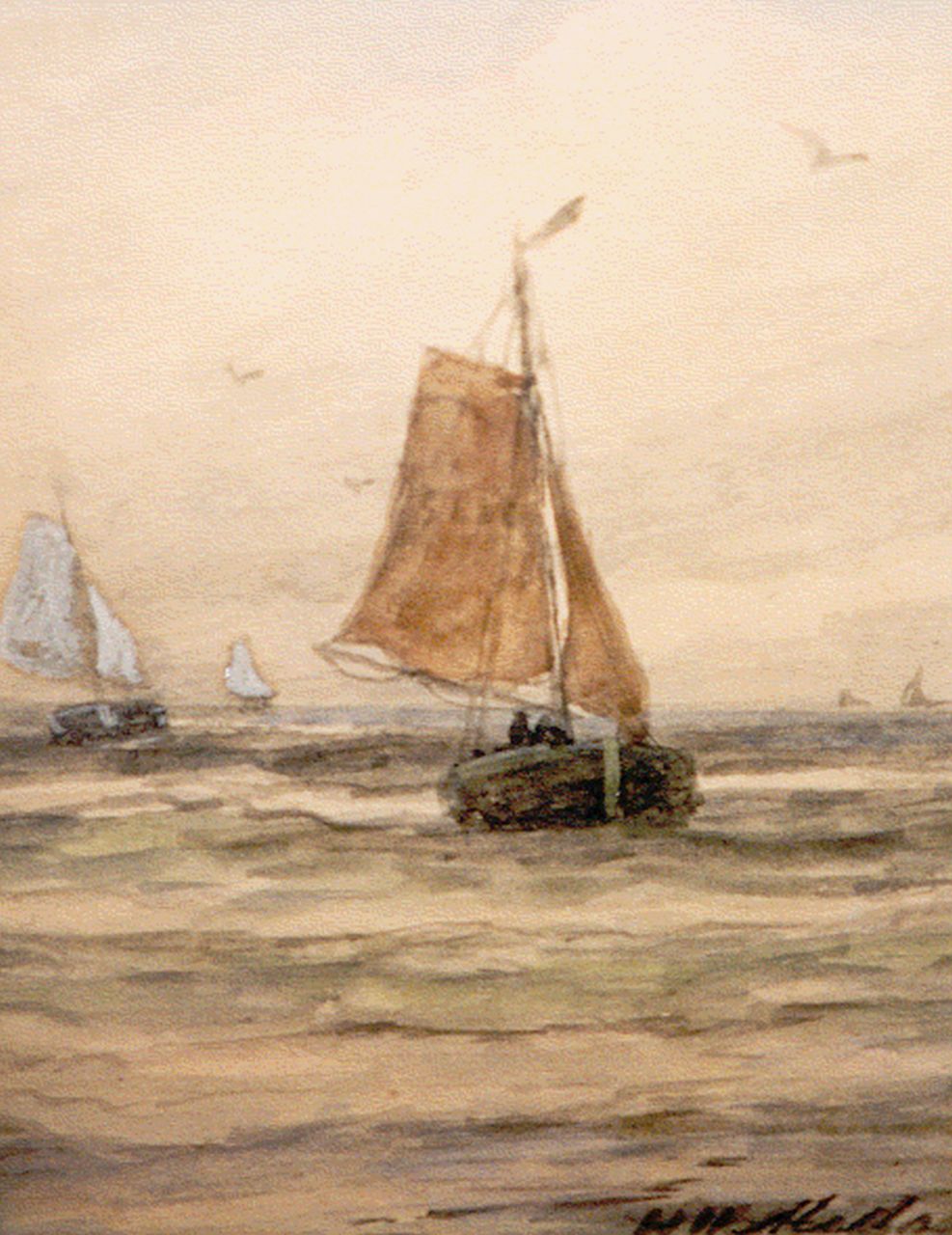 Mesdag H.W.  | Hendrik Willem Mesdag, Bomschuiten op volle zee, aquarel op papier 18,3 x 13,0 cm, gesigneerd rechtsonder