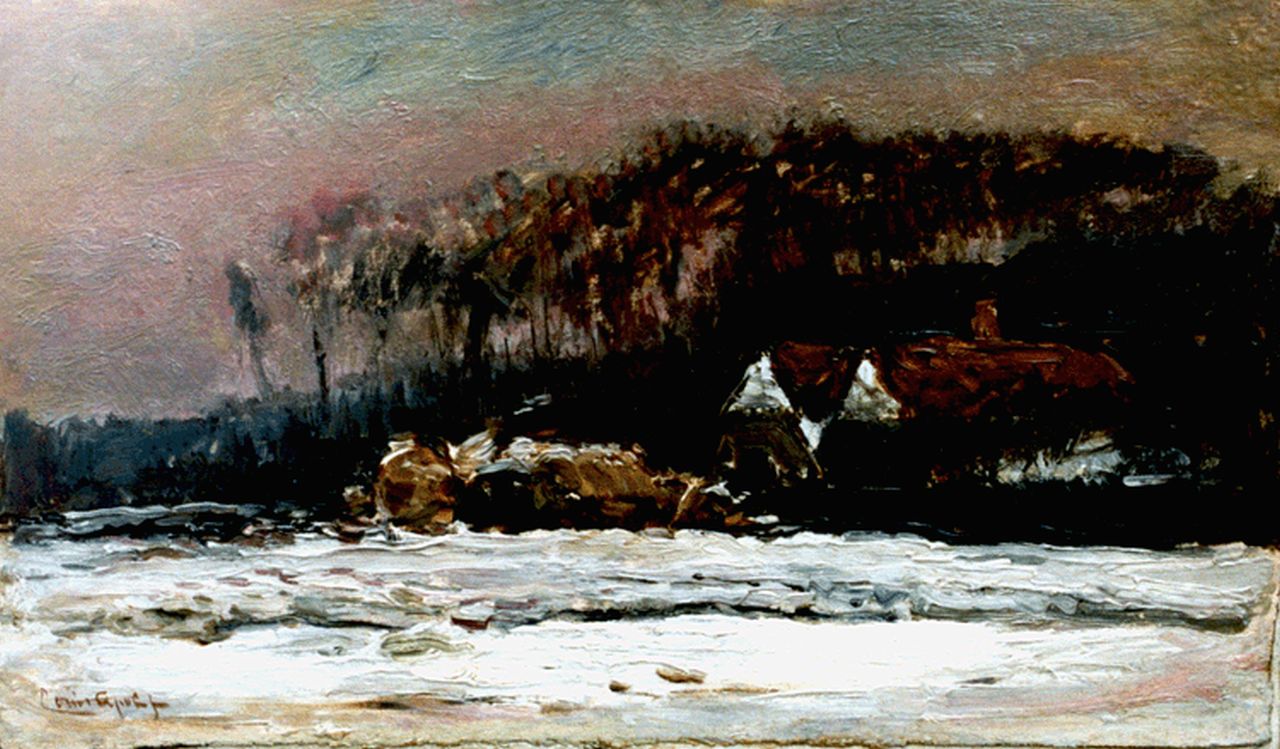 Apol L.F.H.  | Lodewijk Franciscus Hendrik 'Louis' Apol, Boerderij in een winters landschap, olieverf op doek 24,5 x 40,2 cm, gesigneerd linksonder