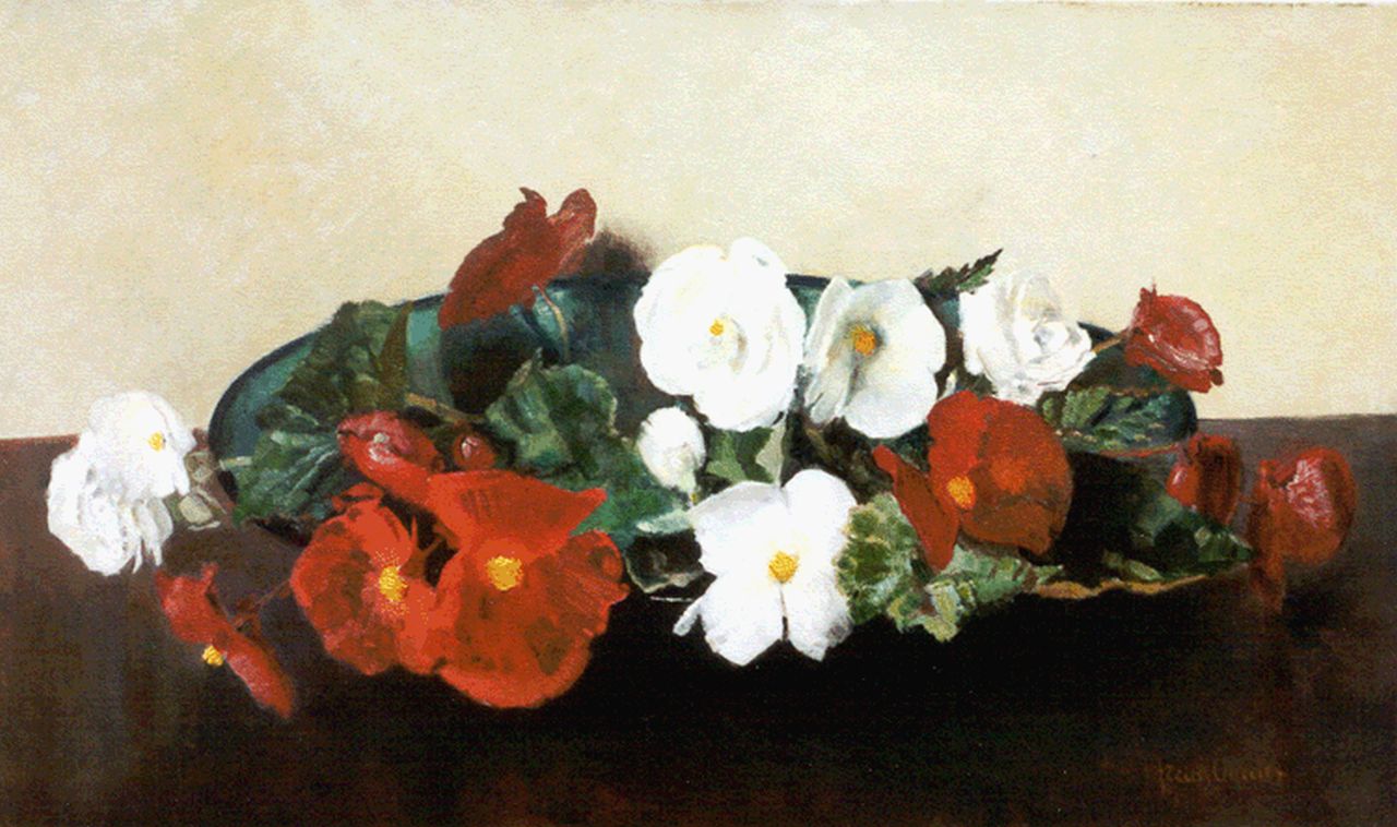Oerder F.D.  | 'Frans' David Oerder, Schaal met rode en witte begonia's, olieverf op doek 60,3 x 100,1 cm, gesigneerd rechtsonder