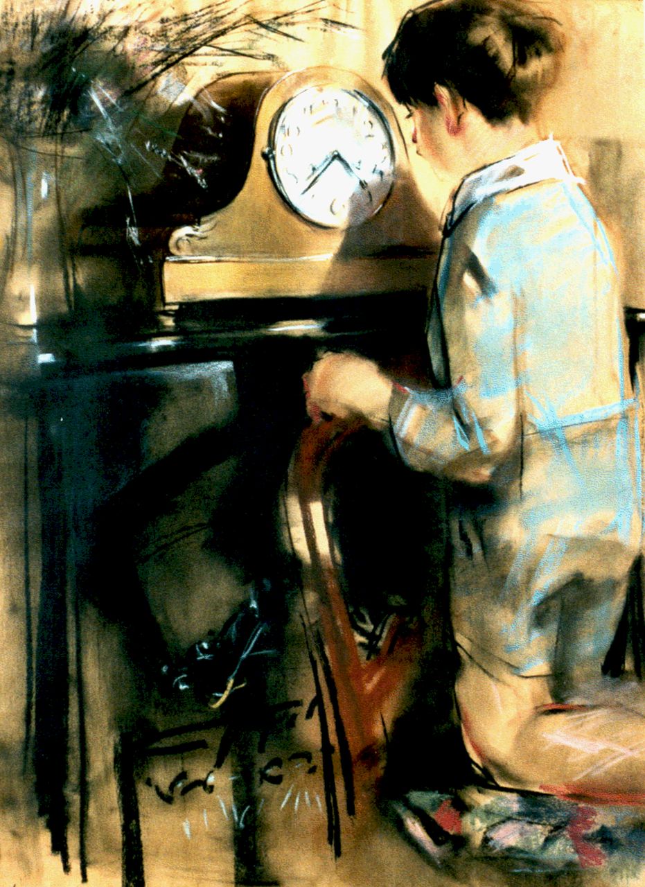 Meegeren H.A. van | Henricus Antonius 'Han' van Meegeren, Jongen bij een klok, pastel en zwart krijt op papier 63,9 x 48,0 cm, gesigneerd linksonder en gedateerd '14