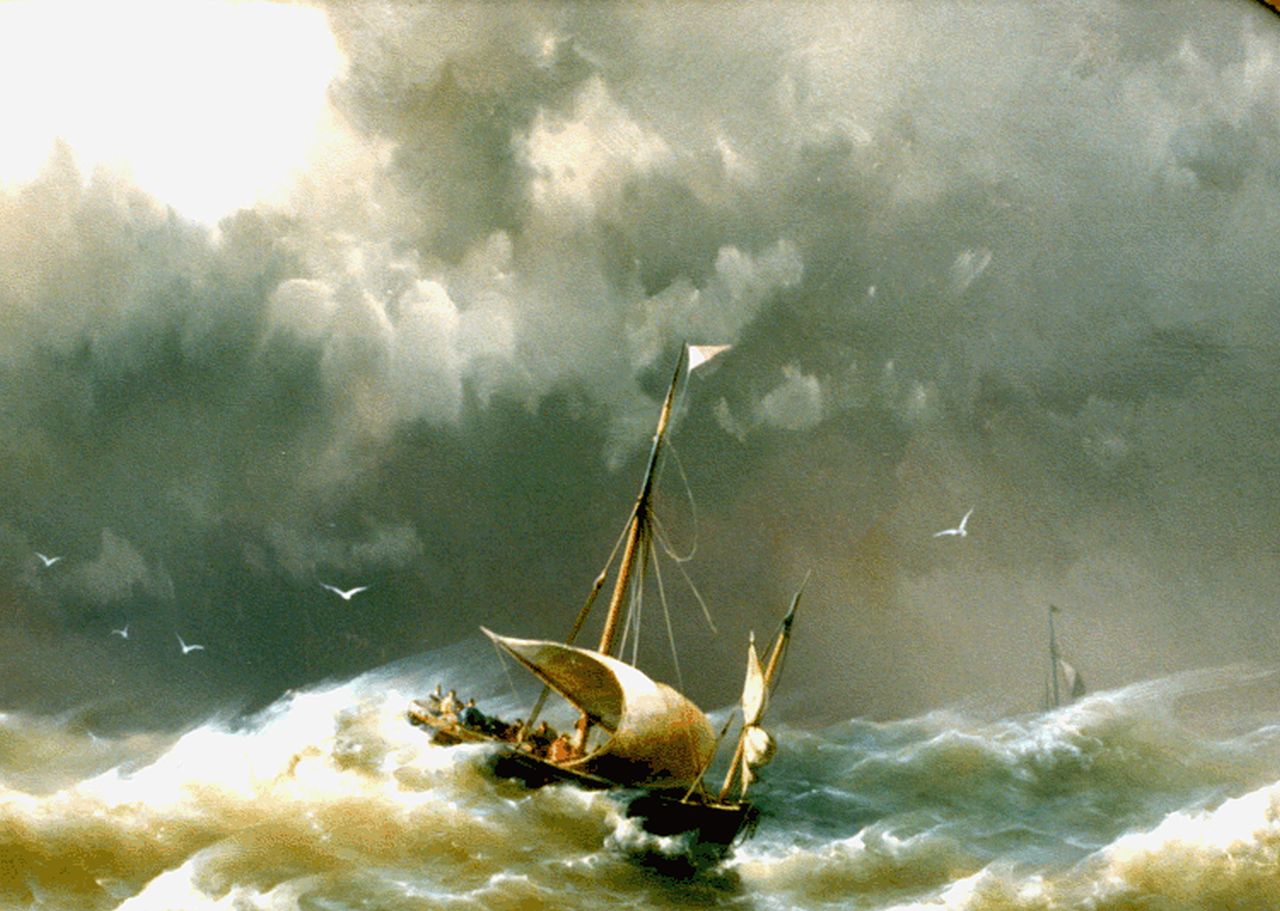 Koekkoek jr. H.  | Hermanus Koekkoek jr., Zeilboten op ruwe zee, olieverf op paneel 30,7 x 44,5 cm, gesigneerd rechtsonder en gedateerd 1862