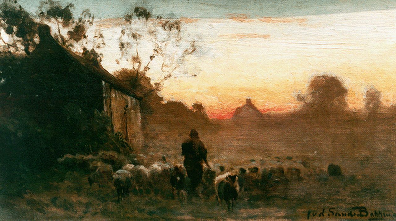 Sande Bakhuyzen J.J. van de | Julius Jacobus van de Sande Bakhuyzen, Herder met kudde op weg naar de kooi, olieverf op doek op paneel 22,2 x 38,3 cm, gesigneerd rechtsonder