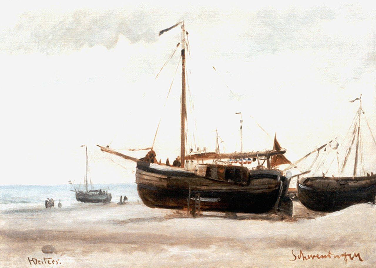 Deiters H.  | Heinrich Deiters, Botters op het strand van Scheveningen, olieverf op schildersboard op paneel 30,0 x 41,0 cm, gesigneerd linksonder