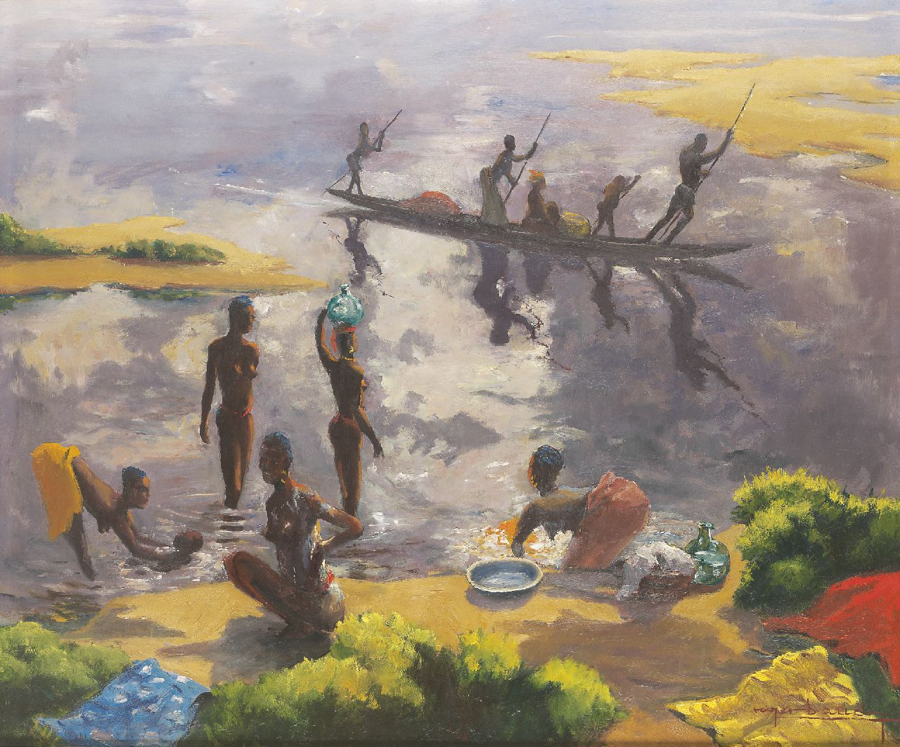 Roger Baudry | Afrikanistische voorstelling, olieverf op schildersboard, 78,0 x 93,7 cm, gesigneerd r.o.