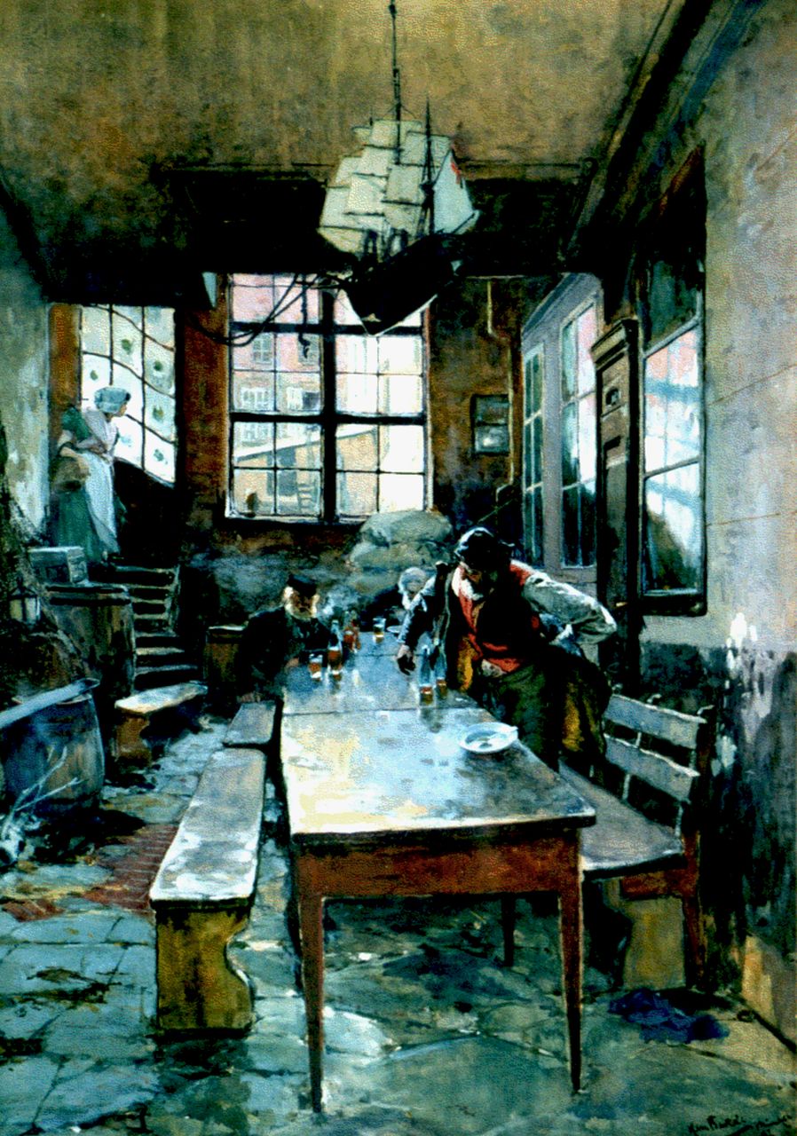 Bartels H. von | Hans von Bartels, Havencafé, aquarel en gouache op papier 70,0 x 50,0 cm, gesigneerd rechtsonder en gedateerd '87