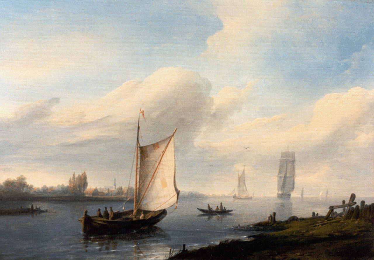Thomas P.H.  | Pieter Hendrik Thomas, Schepen op een kalme rivier, olieverf op paneel 21,6 x 30,6 cm, gesigneerd rechtsonder