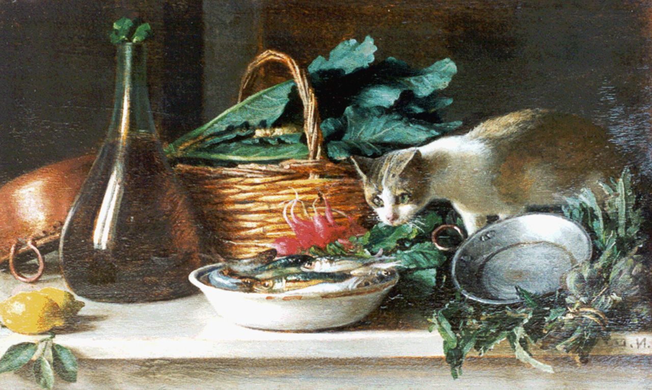 Italiaanse School, impressionisme   | Italiaanse School, impressionisme, Stilleven met vis en met kat, olieverf op paneel 17,9 x 30,4 cm, gesigneerd rechtsonder met ini 'H.N.'