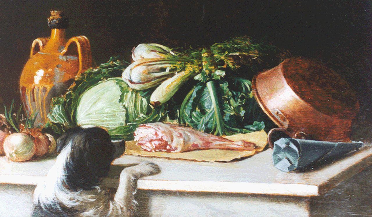 Italiaanse School, impressionisme   | Italiaanse School, impressionisme, Stilleven met vlees en met hond, olieverf op paneel 17,9 x 30,5 cm, gesigneerd rechtsonder met ini 'H.N.'