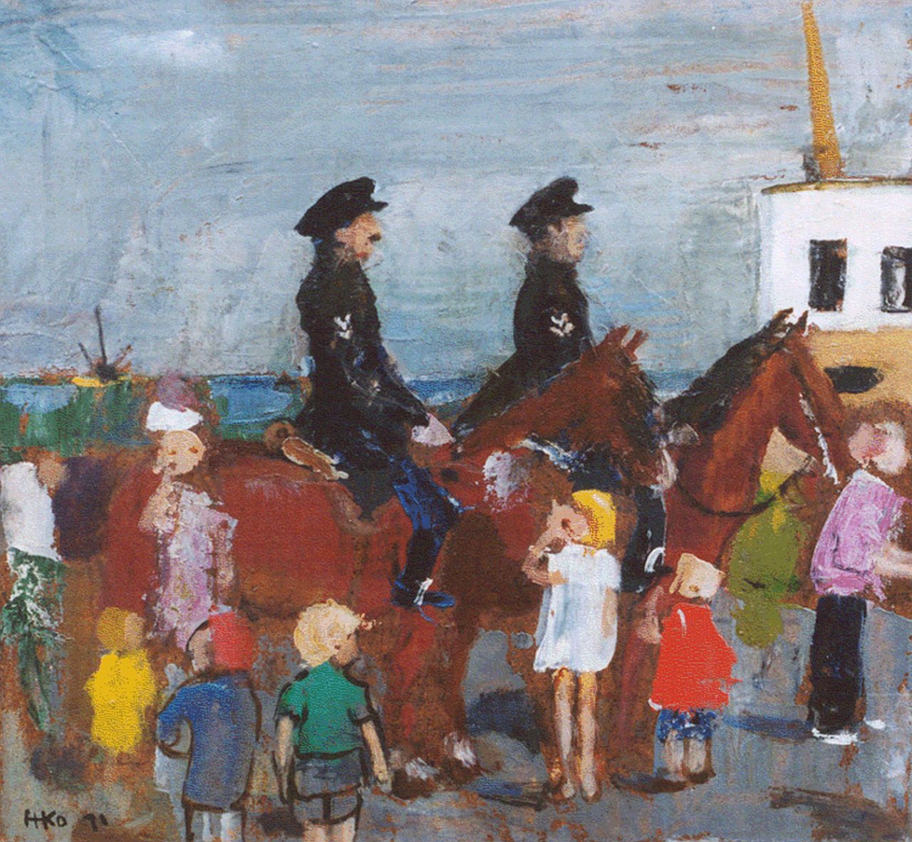 Kamerlingh Onnes H.H.  | 'Harm' Henrick Kamerlingh Onnes, Politie te paard met kinderen, 25,8 x 27,4 cm, gesigneerd linksonder met monogram en gedateerd '71