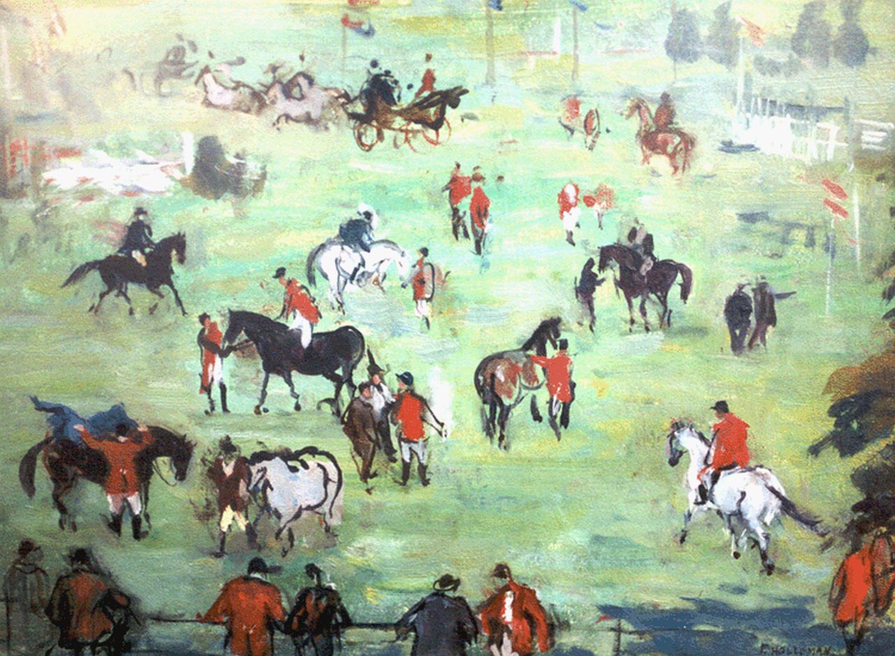 Holleman F.  | Frida Holleman, Ruiters en paarden, olieverf op schildersboard 30,0 x 40,0 cm, gesigneerd rechtsonder