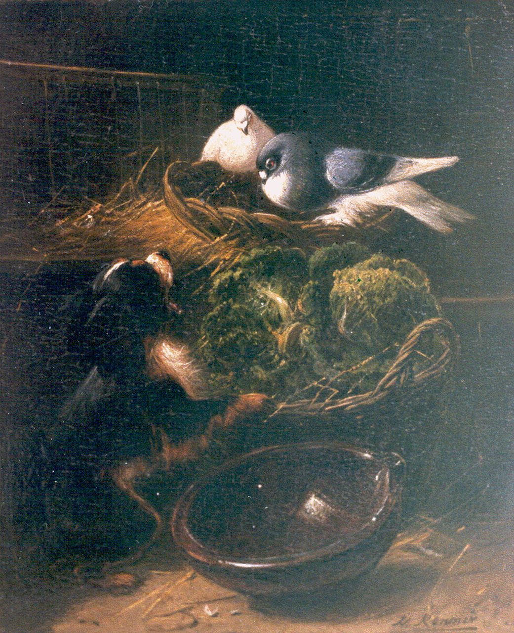 Ronner-Knip H.  | Henriette Ronner-Knip, Keffend hondje tegen twee duiven, olieverf op paneel 19,2 x 15,5 cm, gesigneerd rechtsonder
