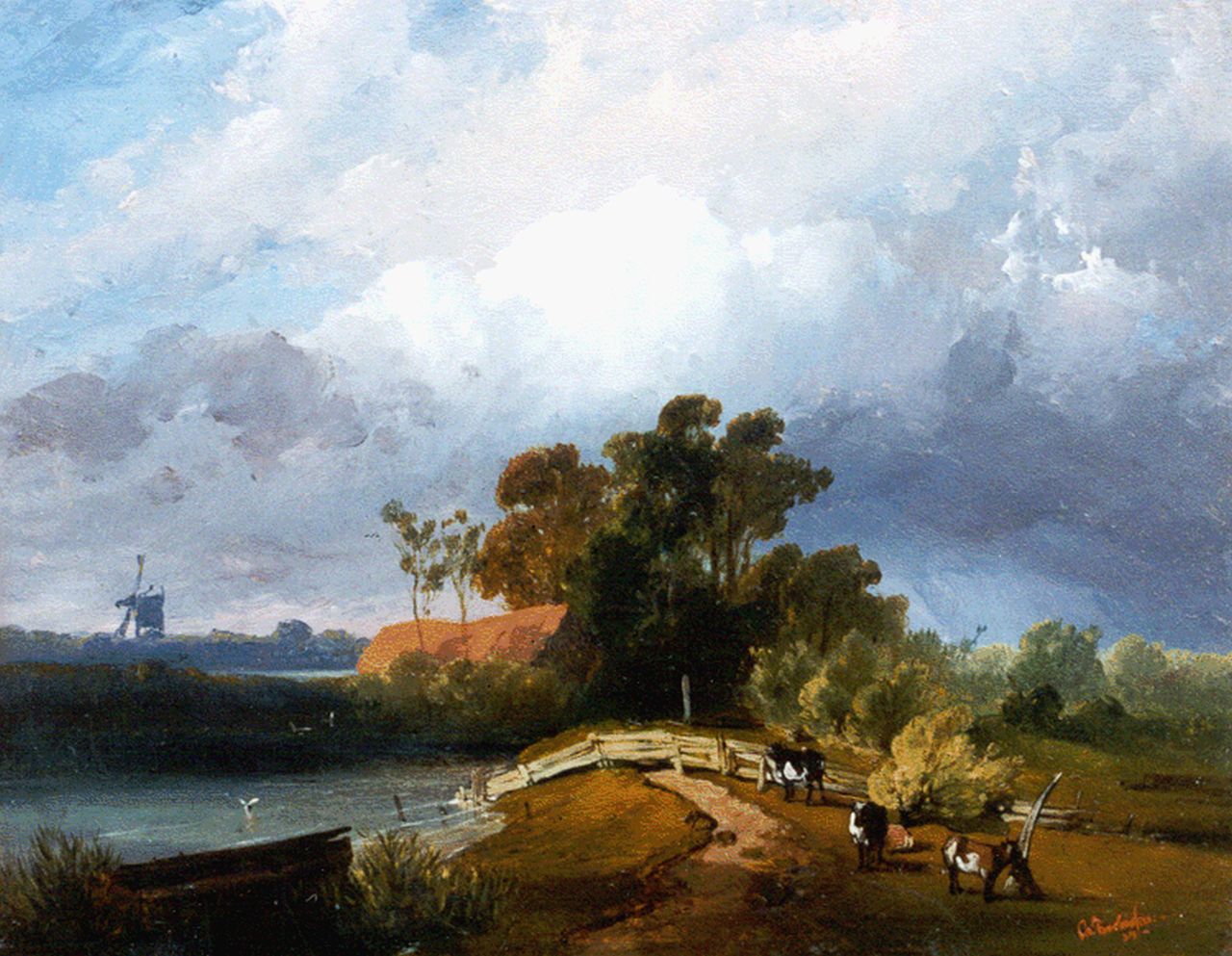 Rochussen Ch.  | Charles Rochussen, Stormlandschap met koeien, olieverf op paneel 22,0 x 28,2 cm, gesigneerd rechtsonder en gedateerd '39