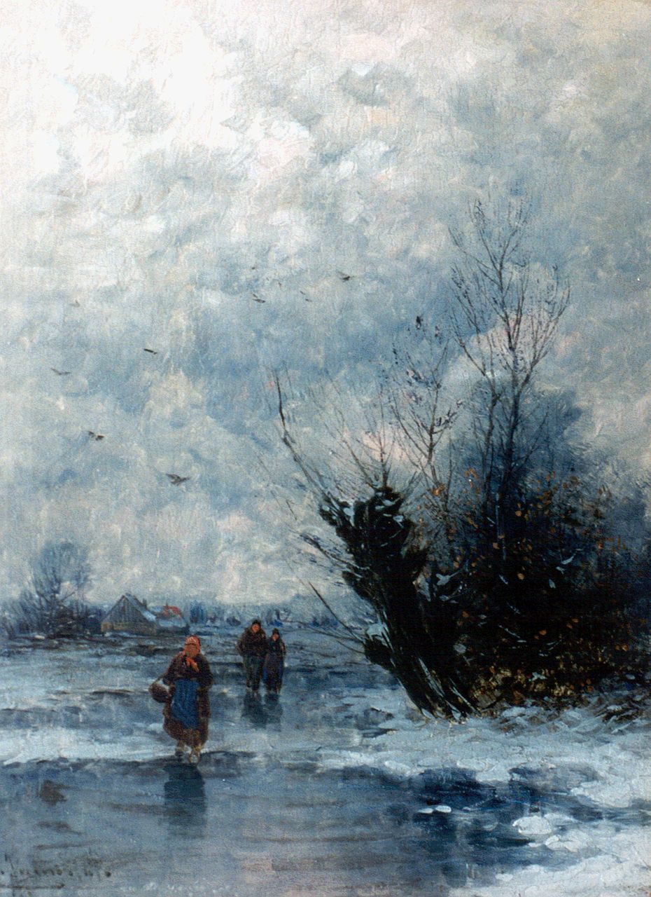 Jungblut J.  | Johann Jungblut, Figuren op het ijs in Hollands winterlandschap, olieverf op paneel 23,9 x 18,0 cm, gesigneerd linksonder